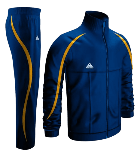 Blue and yellow tracksuit jacket and trousers shown together.