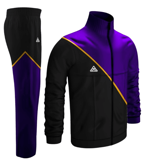 Black and purple tracksuit jacket and trousers shown together.