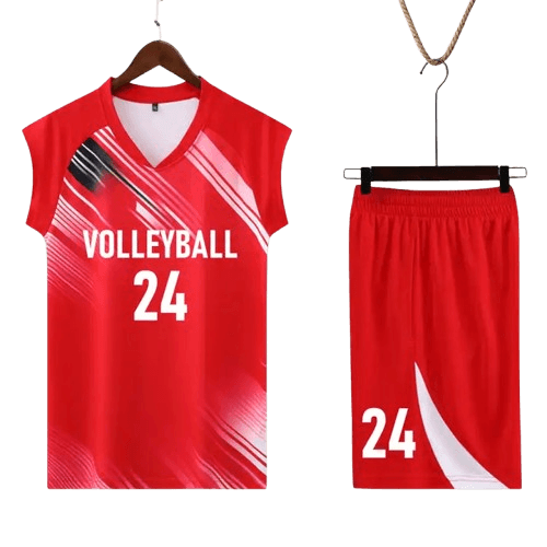 Red and white volleyball jersey and shorts displayed as a matching kit.
